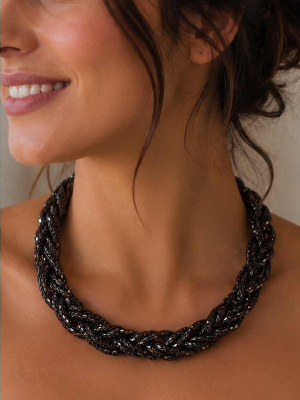 Express Braided Beaded Necklace - Black with Silver Accents